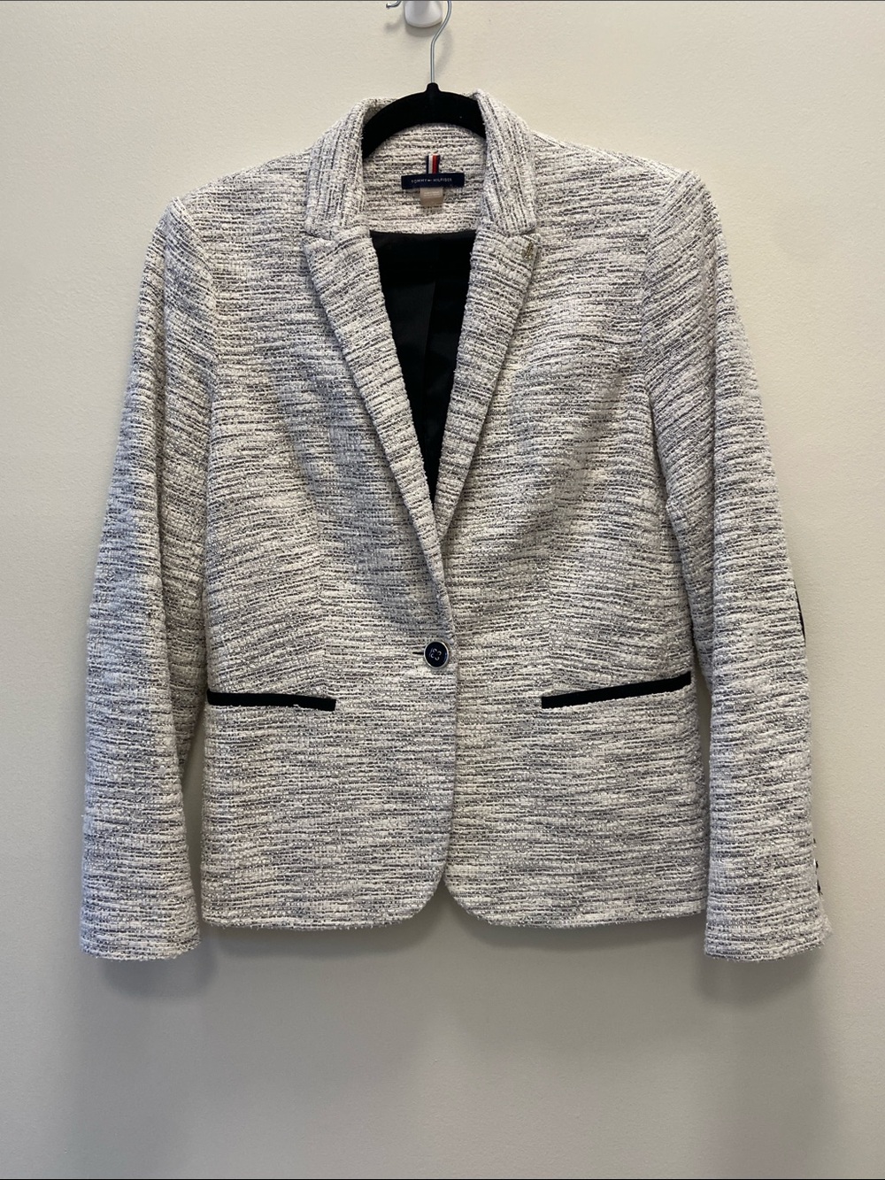 Tommy Hilfiger Light Gray Marled Knit Blazer 1 Button Elbow Patches Blazer 3715